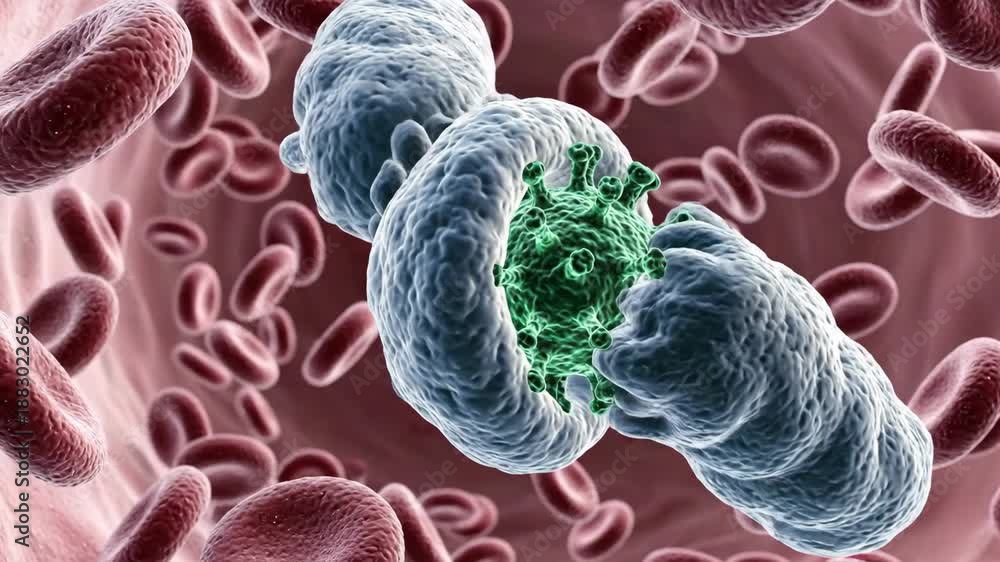 A white blood cell macrophage attacks and engulfs a virus inside a ...