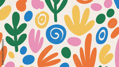 Fun doodle naive pattern. Colorful abstract hand drawn organic shapes, scribble, blobs, dots. Trendy minimal art