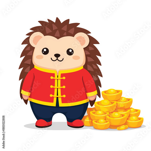 Cute Hedgehog Wearing Red Traditional Outfit Standing Next to Gold Ingots for Lunar New Year Wealth Mascot