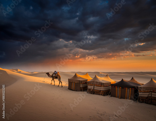 Nomadic camp in the desert at sunset with camel and stormy sky