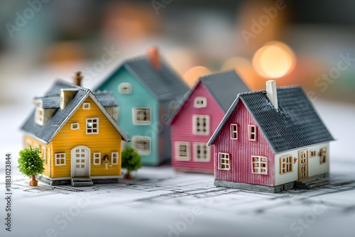 Wallpaper Mural Miniature architectural model houses are placed on technical blueprints with a shallow depth of field, representing real estate planning. Torontodigital.ca