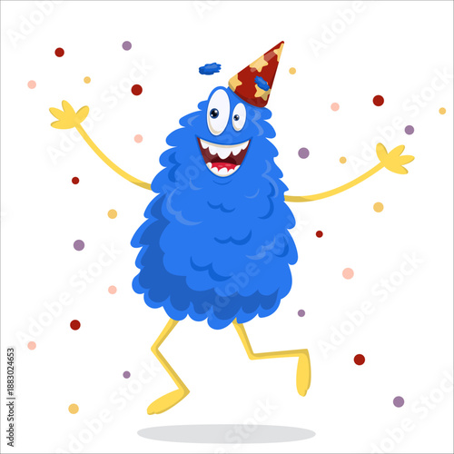 A cute vector monster is having fun at a party. Monster, vector, holiday, birthday, party, fun