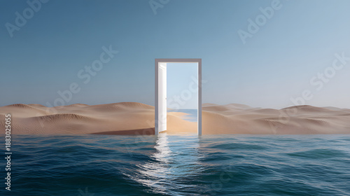 Surreal conceptual image of an open white door standing in a landscape of ocean water and desert sand dunes under a clear blue sky, symbolizing opportunity and new beginnings.
