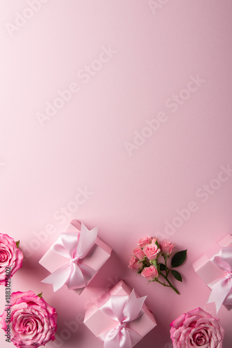 Gift, present box decorated with pink ribbon bow, rose flowers on pink background top view. Valentine's day, 14 February, birthday, 8 march women's day gift. Love and romance, valentines.