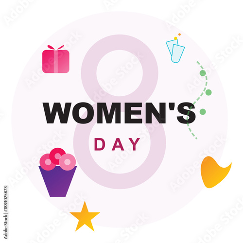 Happy International Women's Day March 8 Vector Illustration with Gift Box Flower Bouquet and Star Icons for Celebration