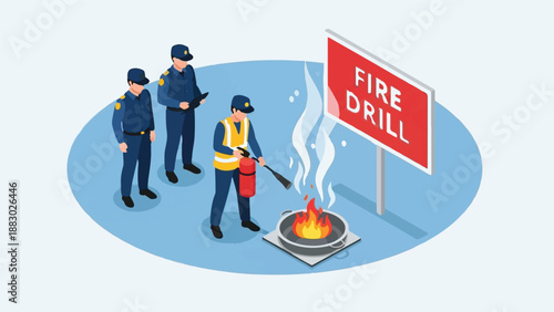 Firefighters conduct safety drill with fire extinguisher and sign