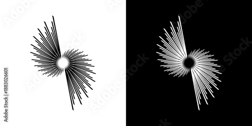 Dynamic abstract spiral sound wave rhythm lines. Circular spiral sound wave rhythm of lines. Circular futuristic abstract lines, black and white background.	