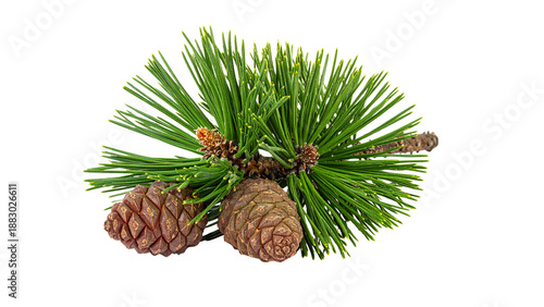 Branch of Mugo pine (Pinus mugo Turra), with pine cones, isolated on white background