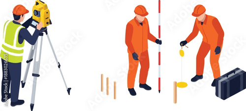 Construction workers in orange uniforms and safety gear conducting site survey with equipment