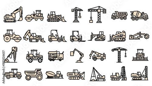 Collection of Heavy Construction Machinery Icons.
