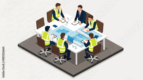 Business team in meeting with construction plans and blueprints at office table