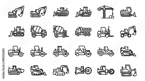 Collection of Heavy Machinery Icons in Black and White.