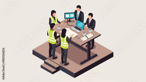 Business team collaborating on construction project with laptops and blueprints on desk