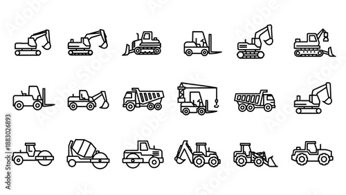 Collection of Heavy Machinery Icons in Simple Style.