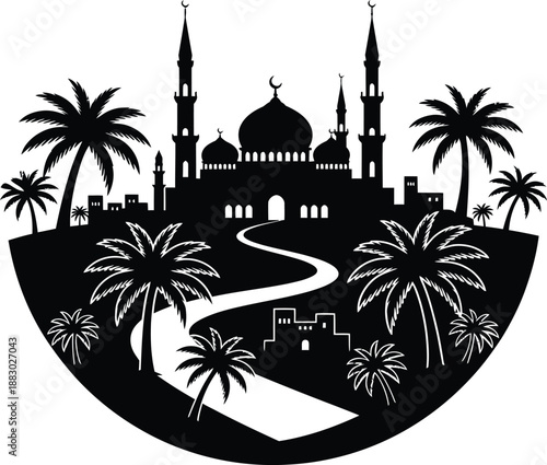 Circular Desert City Silhouette with Islamic Architecture