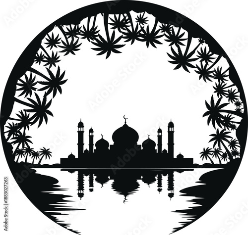 Circular Islamic Skyline Silhouette with Minarets