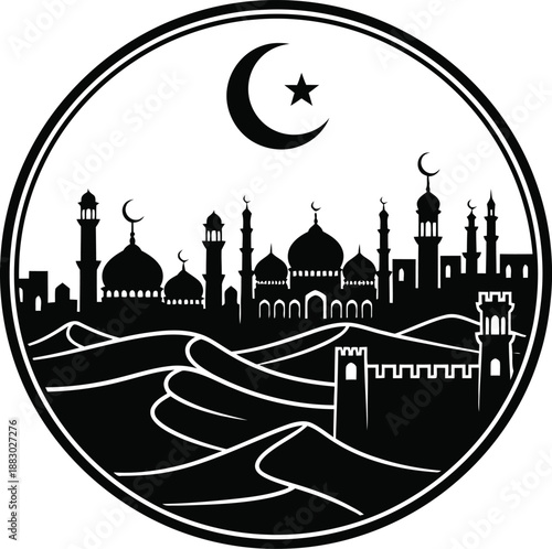 Monochrome Islamic Desert Oasis Cityscape