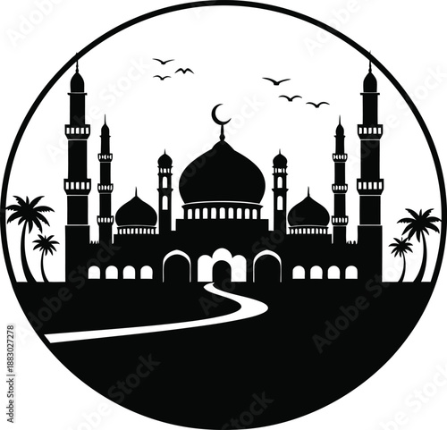 Circular Desert City Skyline with Mosque and Palm Tree