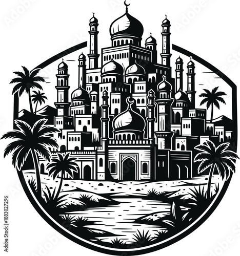 Minimal Black and White Desert City with Mosque