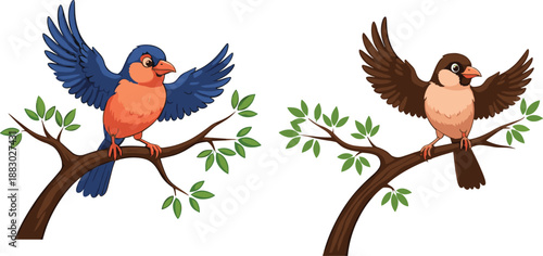 Cartoon birds with spread wings sitting on tree branches, colorful wildlife illustration set, playful vector character design artwork