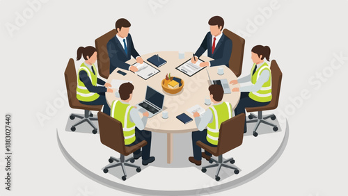 Business team meeting with safety vests around a conference table in office setting