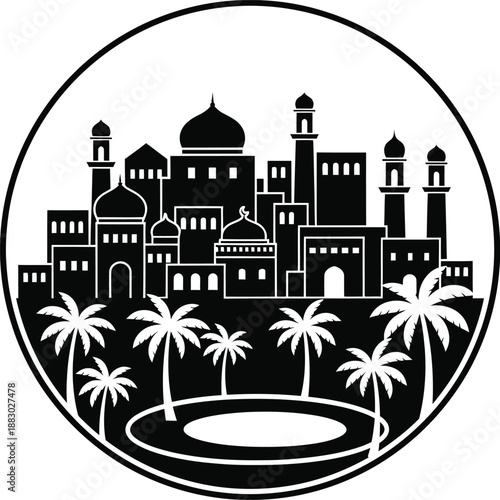 Islamic Desert Oasis City Silhouette Logo Design