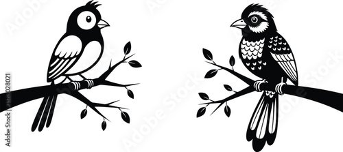 Black and white bird silhouettes sitting on tree branches, minimalist wildlife illustration set, clean vector nature design artwork