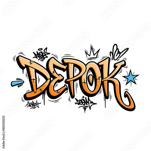 Depok Graffiti Art Style Lettering with Orange and Black Outline.