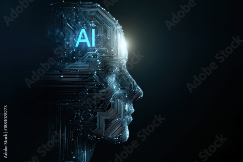 Artificial intelligence concept shows a robotic head with glowing blue light and circuit patterns, representing technology advancements in manufacturing and drones