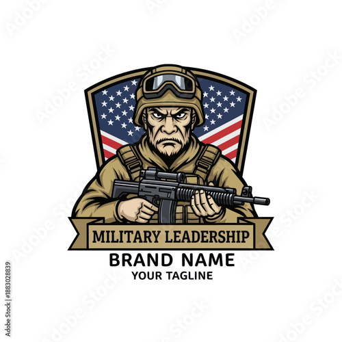 Military Soldier with Rifle and Badge.