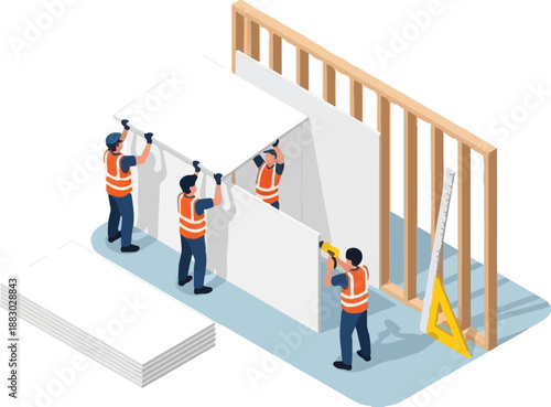 Construction workers installing insulation panels on a house frame with wooden beams