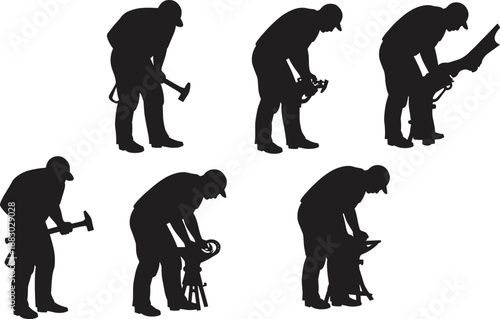 Construction worker silhouettes using tools black flat vector illustration set isolated on white background industrial labor design