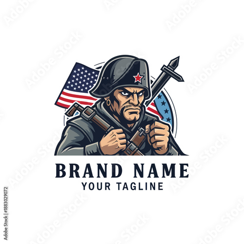 Illustration of soldier with flags and weapons.