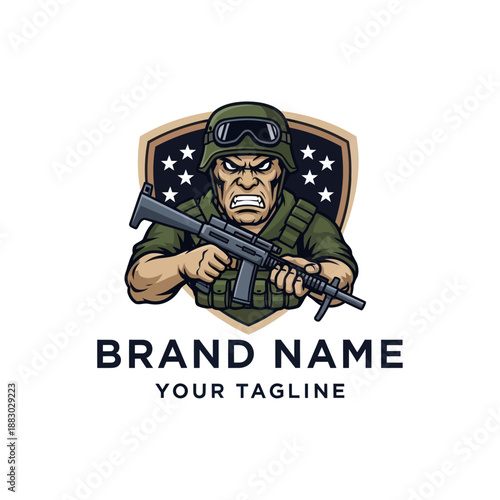 Military Soldier Logo with Rifle Illustration.