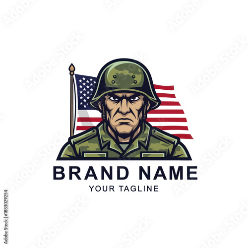 Soldier in Green Helmet with Flag.