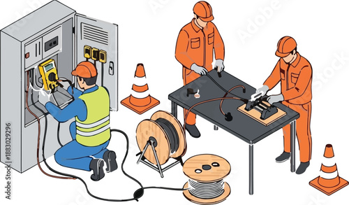 Workers in safety gear inspect and repair electrical equipment with cables and cones