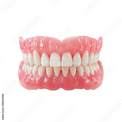 Model of upper and lower dentures showing realistic teeth and gums used for dental training and education purposes