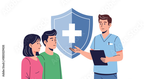 Healthcare professional educating couple on disease prevention and health protection for awareness initiatives