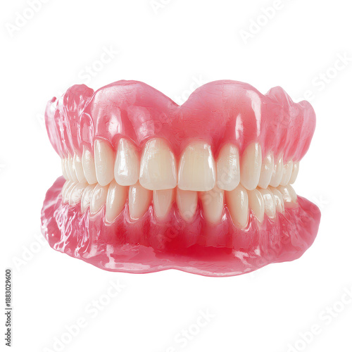 Display of upper and lower dentures on a white background for dental education and awareness purposes