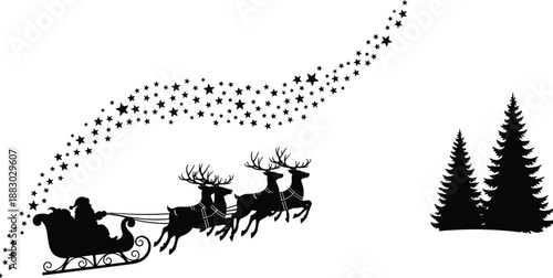 Santa Claus sleigh silhouette flying with reindeer under starry sky, isolated black Christmas illustration symbolizing holiday magic and winter celebration