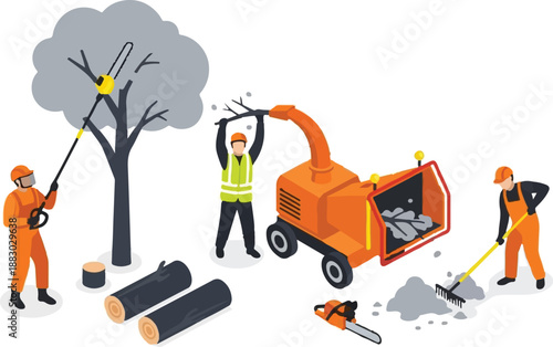 Workers in orange uniforms cutting down a tree with a wood chipper nearby on a white background