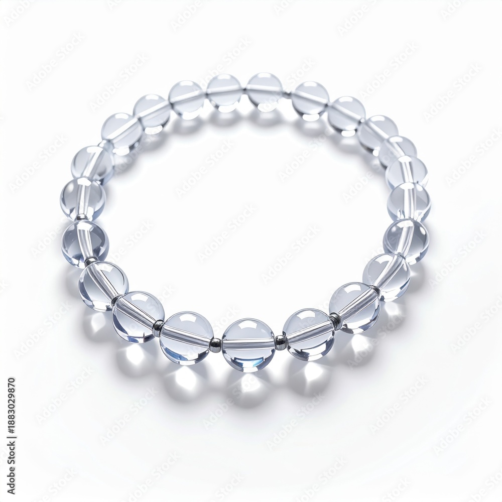 Obraz premium Clear Quartz Crystal Beaded Bracelet with Silver Accents on White Background with Soft Shadows and Subtle Lighting
