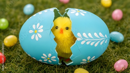 Cute yellow easter chick hatching from a decorative blue egg on green grass