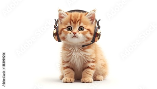 A cute orange kitten wearing black headphones and sitting on a white background