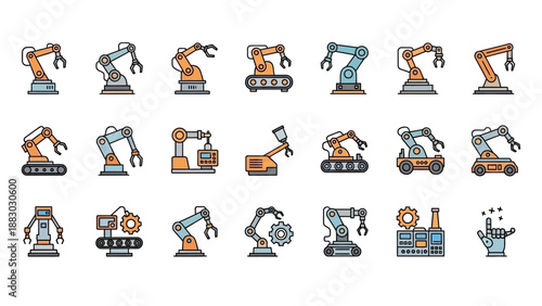 Collection of Industrial Robot Arm Icons.