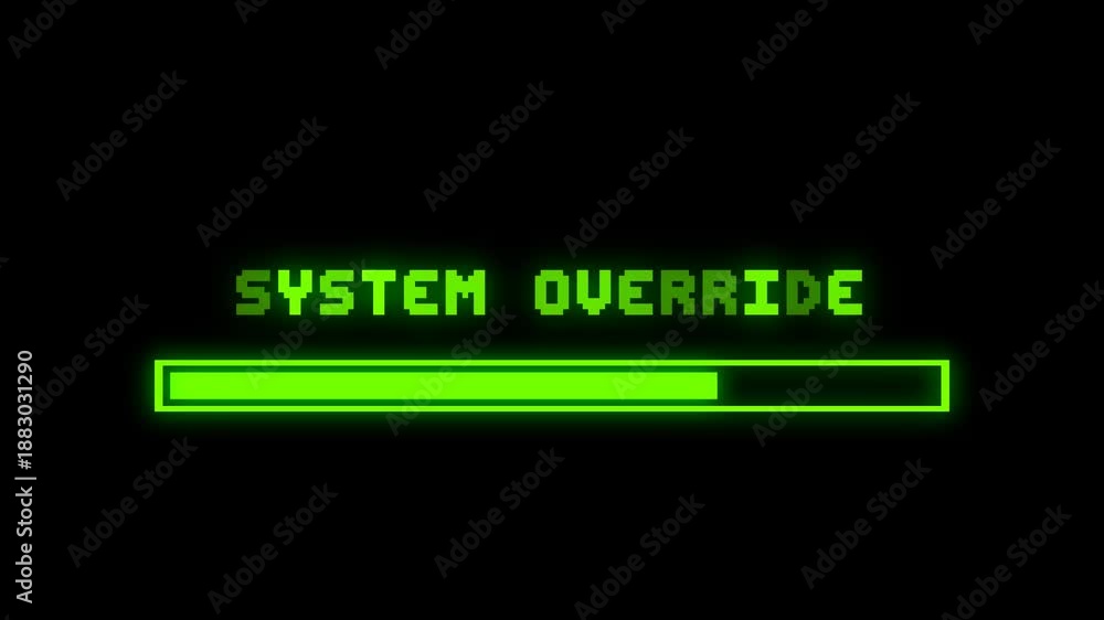 8 bit pixel System Override text animation with a glowing green ...