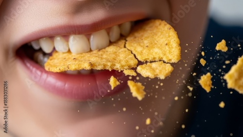A close-up of a person biting into a crunchy, seasoned tortilla chip. The chip breaks into pieces with flying crumbs, capturing a dynamic, satisfying snack moment with a focus on teeth and lips.