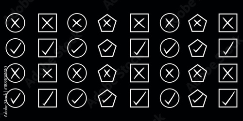Check tick mark icon set. Cross box x check mark checkbox list vector draw hand drawn sketch doodle brush marker checklist symbol wrong right circle. hand drawn, grunge X sign. hand drawn tick mark