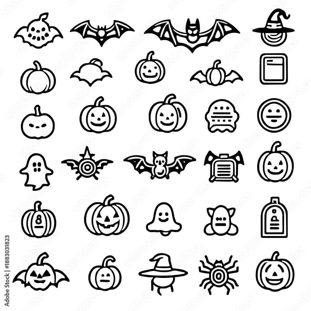 Obraz premium Halloween Icons Set with Pumpkins Bats Ghosts and Witch Hats