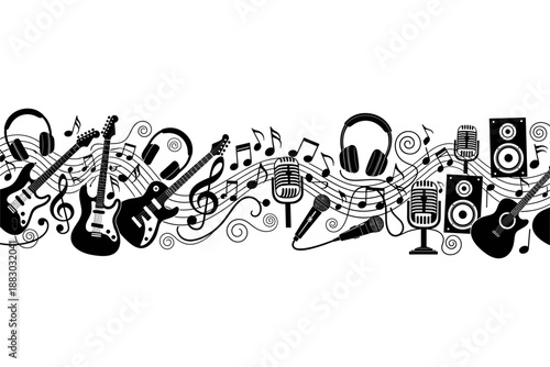 Seamless pattern of musical instruments and notes on a white background, perfect for creative designs and digital art